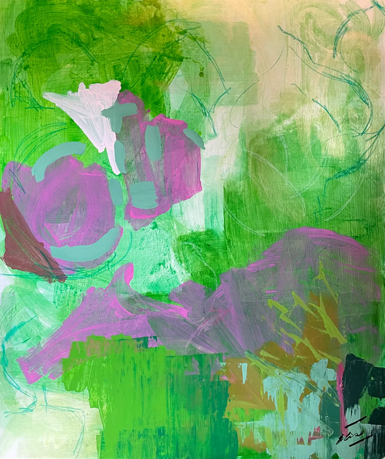 Hydrangea II — pink and magenta floral forms across a field of greens with gold at the upper right